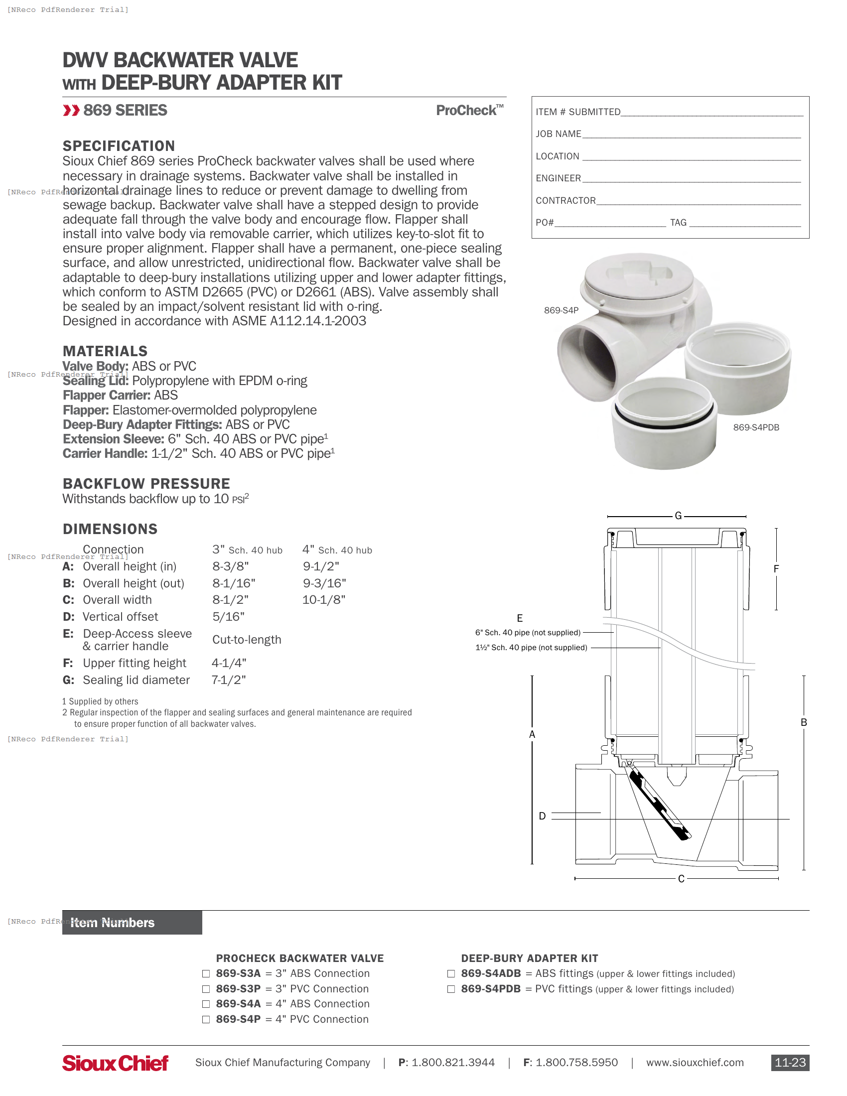 869 SERIES - PROCHECK BACKWATER VALVE WITH DB ADAPTERS - SPEC SHEET.PDF Specification Document